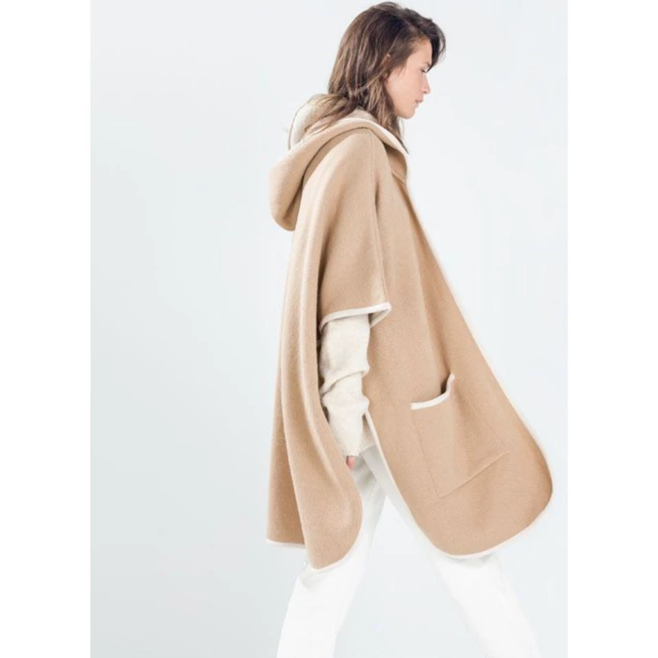 Abrigo con Capucha ZARA KNIT Mezcla Lana Con Tubería Talla M Foto 2 de 4