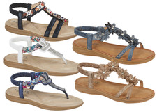Sandals beaded toe post ladies flowered jewelled elasticated casual comfortable