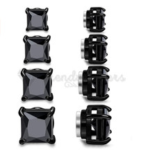 Men Women Stainless Steel Magnetic Pure Black Square AAA Crystal Stud Earrings