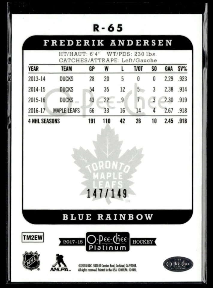 2017-18 O-Pee-Chee Platinum blue Frederik Andersen /149 #R-65 - Image 2 of 2