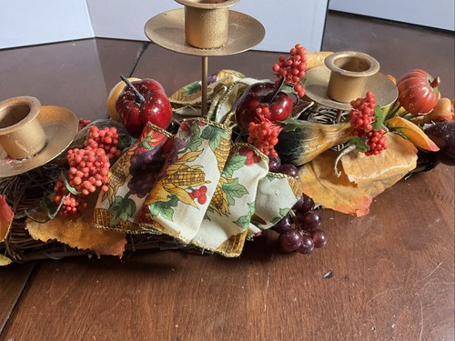 Fall Decorated 3 Candle Centerpiece 15” Pumpkins Apples Leafs 5.5” Tall - Picture 14 of 20