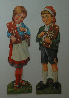 2 x altes Oblatenbild - Mädchen & Junge mit Lebkuchen - Glanzbild