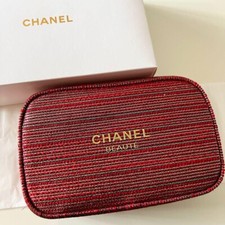 CHANEL BEAUTE Pouch Holiday 2022 event limited Red 18x12x5cm Tweed Auth Novelty