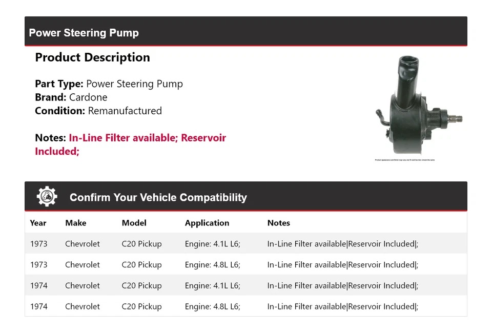 Bomba de dirección asistida Cardone para camioneta Chevrolet C20 1973-1974 Foto 2 de 4