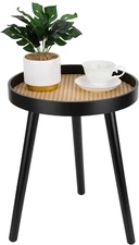 Rattan round Side Table, Black Small Accent Table, Modern Boho Bedside Mid-Centu