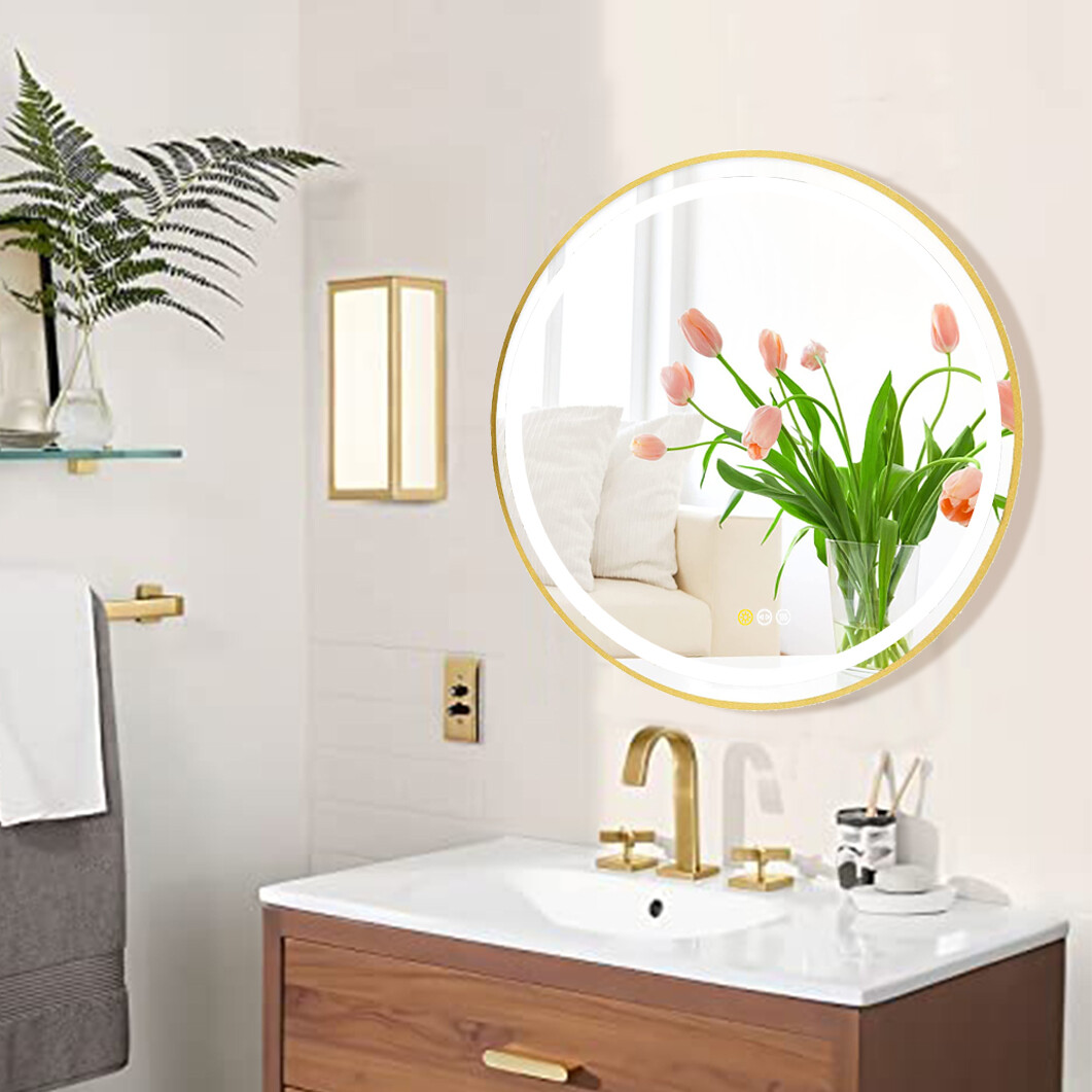 Gold Bathroom Mirror Brushed Brass Metal Lighted Vanity Wall Mirror