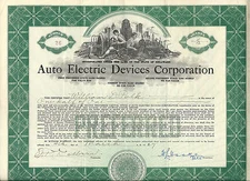  1927, Auto Electric Devices Corporation Stock Certificate 