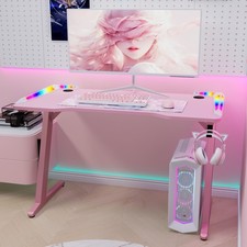 Gaming Desk LED RGB Computer Table Workstation w/ Cup Holder Headphone Hook Pink