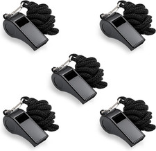 5-Pack Sports Whistles with Lanyard Black Plastic Coach Referee Training School