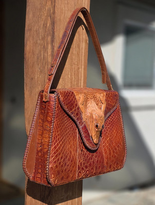 Vintage 50's Genuine Crocodile Skin Handbag Purse 3D Head & body