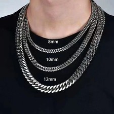 Mens Chain Necklace Silver Hip Hop Thick Stainless Steel Cuban Curb Link 8/10 mm