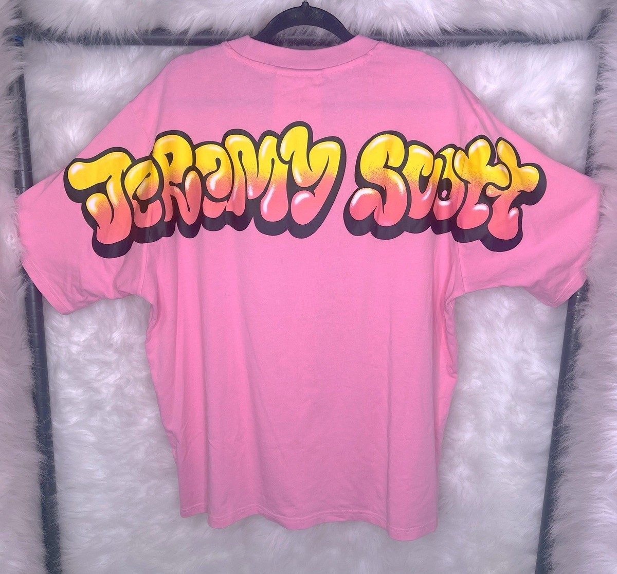 JEREMY SCOTT - JEREMY SCOTT 柄Tシャツ Y25 RARE Adidas Jeremy Scott Pink Graffiti T-Shirt Bubble Letters L