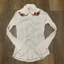 Guess Jeans Pearl Snap Rose Embroidered Sheer White Shirt Womens Small
