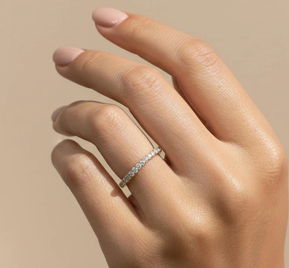 Lab Grown Half Eternity Diamond Band Minimalist Stacking Band 9k Gold Ring - Image 4 of 4