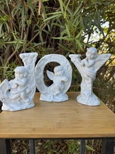 Joy Candle Holders 3Pcs Set Angels Cherubs Solid White Porcelain Christmas 6