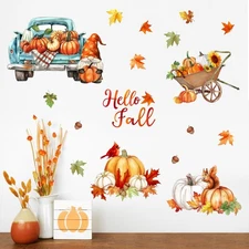 Mfault Hello Fall Pumpkin Wall Decals Stickers, Autumn Harvest Gnome Truck Ca...