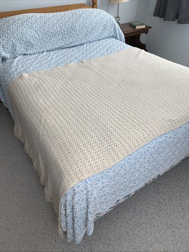 Handmade Crochet Blanket Afghan 100 x 48” Ivory Cream Vintage throw fringed - Picture 3 of 8