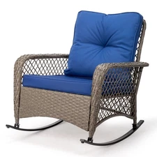 In/Outdoor Wicker Patio Rattan All-Weather Rocker Chair with Blue Cushion Garden