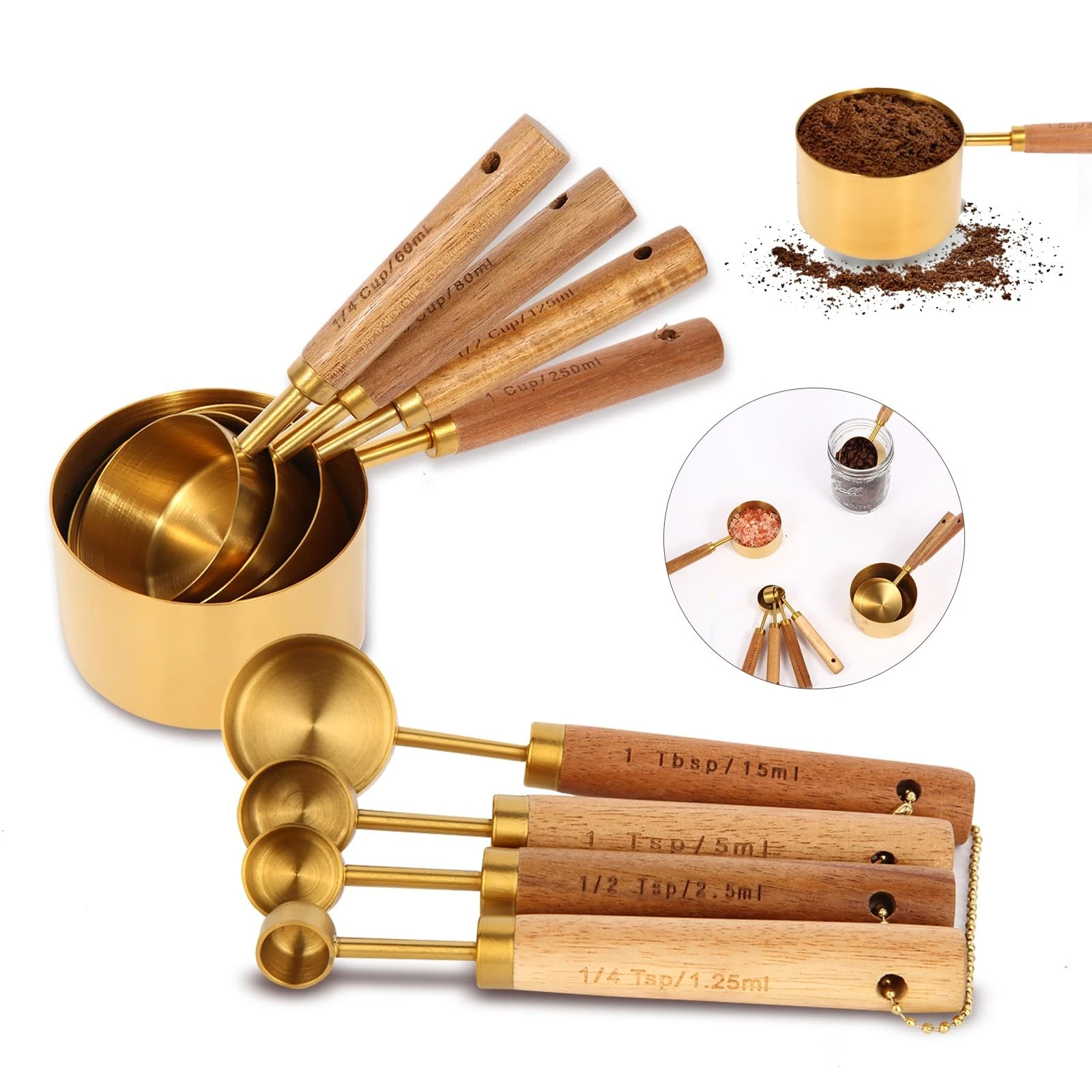 Gold Measuring Cups and Spoons Set with Fragrant Wood Handles, Premium Stainl...