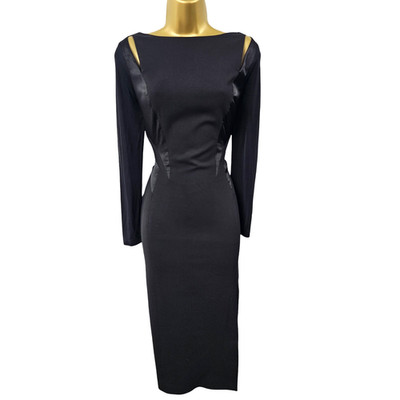 UK 12 Karen Millen Vintage schwarz maßgeschneidert Crock-Effekt Satin Trim Bleistiftkleid