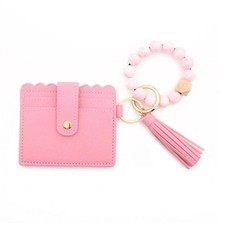 PINK LEATHER WALLET TASSEL KEYCHAIN BRACELET ALL IN ONE