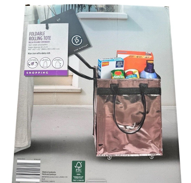 NEW LS LIVE IN STYLE Foldable Rolling Tote Rose Gold Metallic Aldi Hulken Dupe