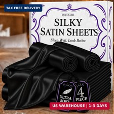 DECOLURE Satin Bed Sheets - 4 Piece Luxury Silky Queen Size Bedding Set - Softer