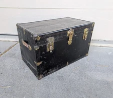 Vintage Black Metal Steamer Trunk Chest Footlocker Victorian Excelsior Lock R23