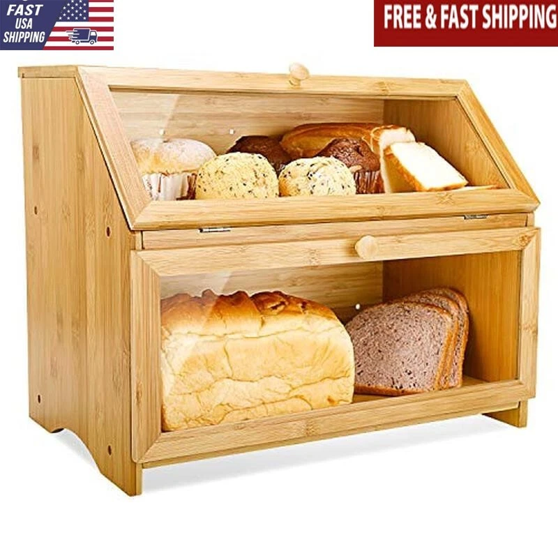 Double Layer Bread Box Large Capacity Wooden Kitchen Storage Freshness Keeper US