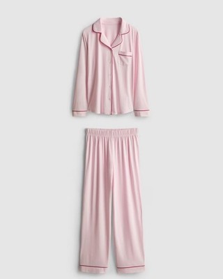 Primark Pink Red Trim Jersey Pipe Detail Boyfriend Pyjama Set BNWT UK SIZEMEDIUM