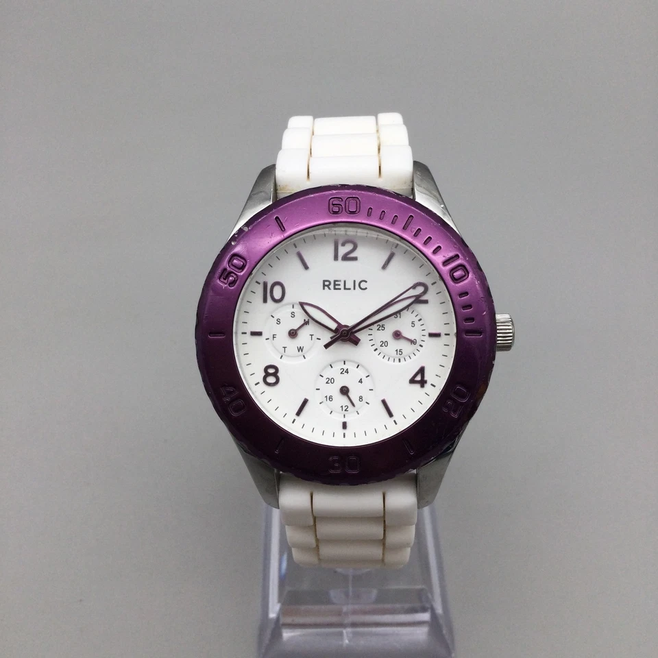 Reloj Reliquia Mujer 38mm Día Fecha ZR15634 Bisel Púrpura Batería Nueva Foto 2 de 4