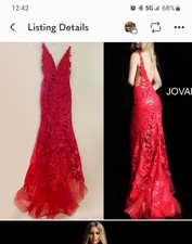 Jovani Red Lace Sleeveless V-Neck Mermaid Floor-Length Dress with Train