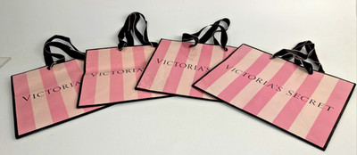 4 Victoria Secret Pink Stripe Paper Shopping Glossy Empty Gift Bag 11''x9''x5''