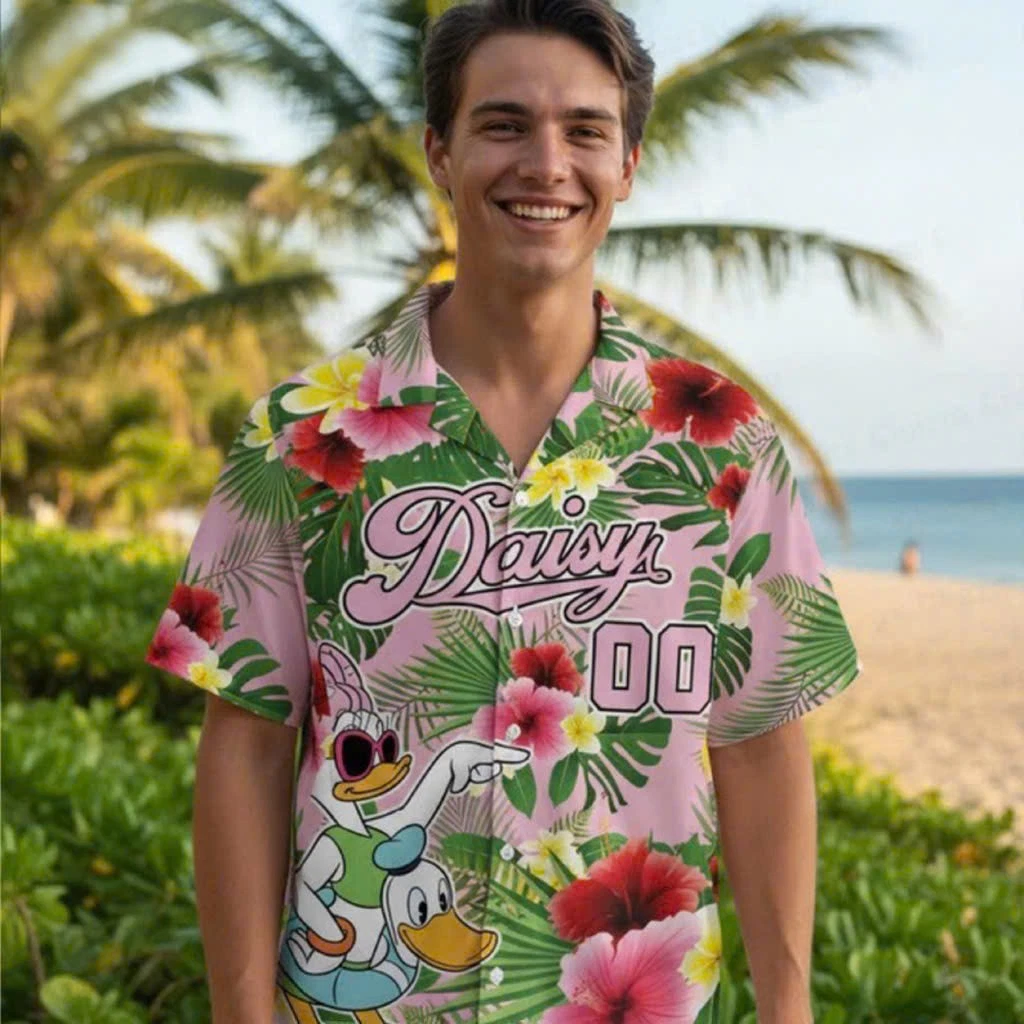Custom Funny Daisy Duck Tropical Flowers Summer Vacation Aloha Hawaiian Shirt