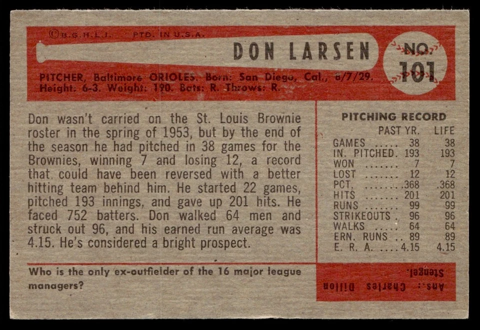 Bowman Don Larsen 1954 novato Baltimore Orioles #101 Foto 2 de 2