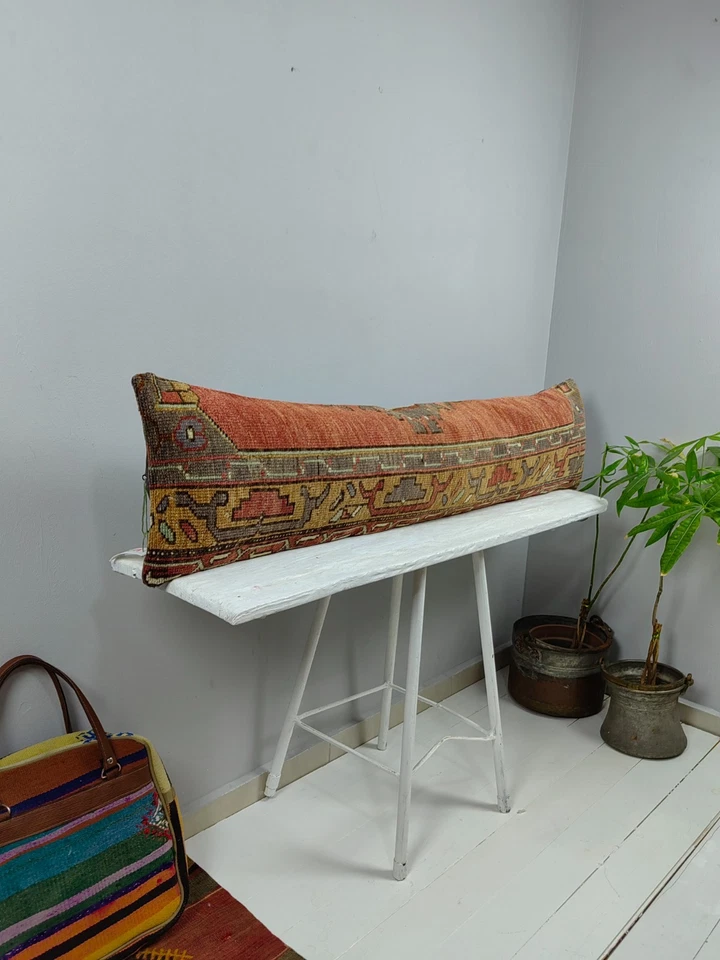 12x48 Kilim Lumbar Pillow Cover - Yellow Tribal Turkish Long Boho Bolster - Image 3 of 4