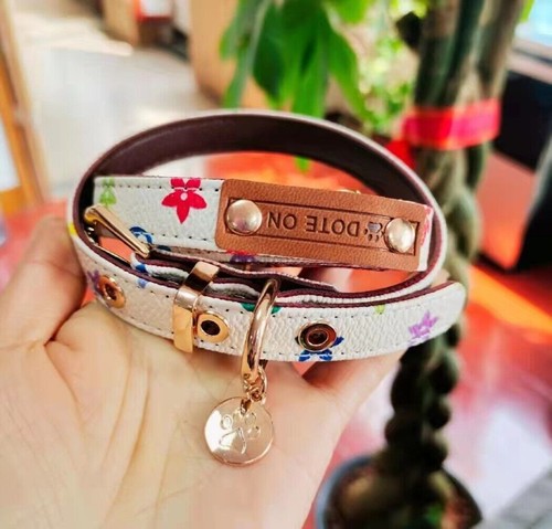 Luxury Leather Brown White Black Monogram Designer Dog Cat Collar & Leash - Bild 8 von 25