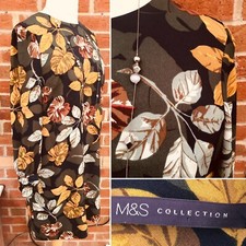 M&S Size 14 Ochre Yellow Green Floral Dress Evening Autumn Excellent L7