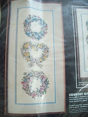 Vintage Dimensions Crewel Kit Country Wreath Trio SEALED Package Complete 1987 - Picture 2 of 3