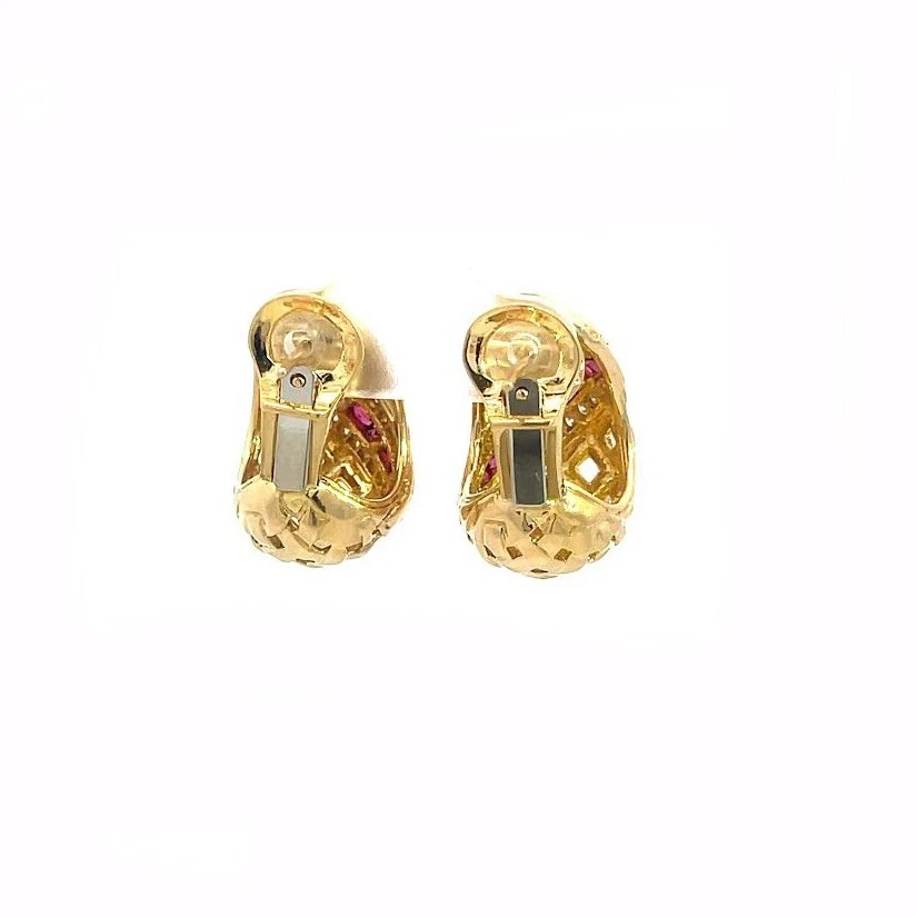 Tiffany & Co. Vannerie Gold Earrings Ruby Diamond 18k Yellow Huggie - Image 4 of 4