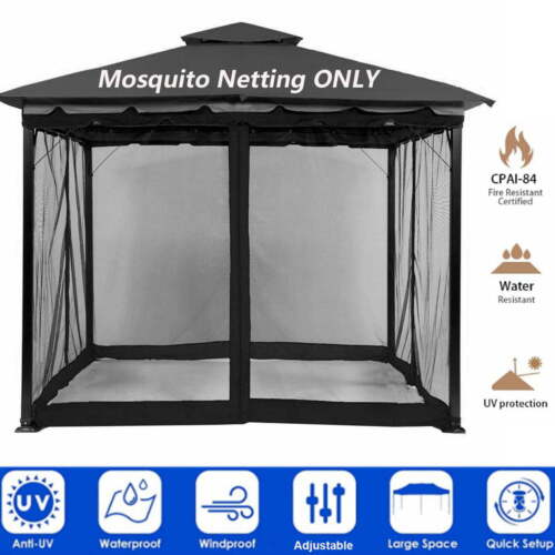 Filet moustiquaire universel de remplacement Gazebo 4 panneaux filet en maille pour 10' 12' - Photo 1/33