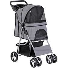 Pet Stroller 4 Wheels Cat Dog Stroller with Cup Holder, Breathable Mesh Grey