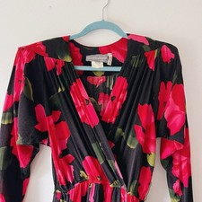 Vintage 90s Carol Anderson Red Black Floral Long sleeve midi Belted dress M