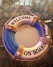 Nautical Lifebuoy Wall Mirror “Welcome On Board” Framed Distressed Blue/White