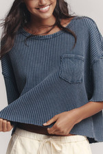 Pilcro by Anthropologie Women's Blue Chest Pocket Waffle Cropped Tee Sz S