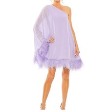 NEW Mac Duggal One Shoulder Trapeze Dress with Feather Trim Size 2 Lilac 11623
