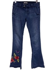 Free People Women's Jeans Blue Flare Embroidered Rose Butterfly Floral Size 29
