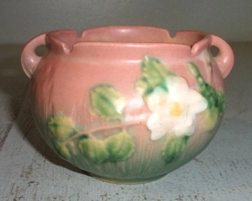 Vintage Roseville Pink/Green White Rose Jardiniere Vase Planter Pot 653-3"