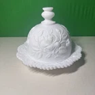 Vintage Imperial  White Milk Glass domed Butter ,Cheese Dish w/ Lid Roses