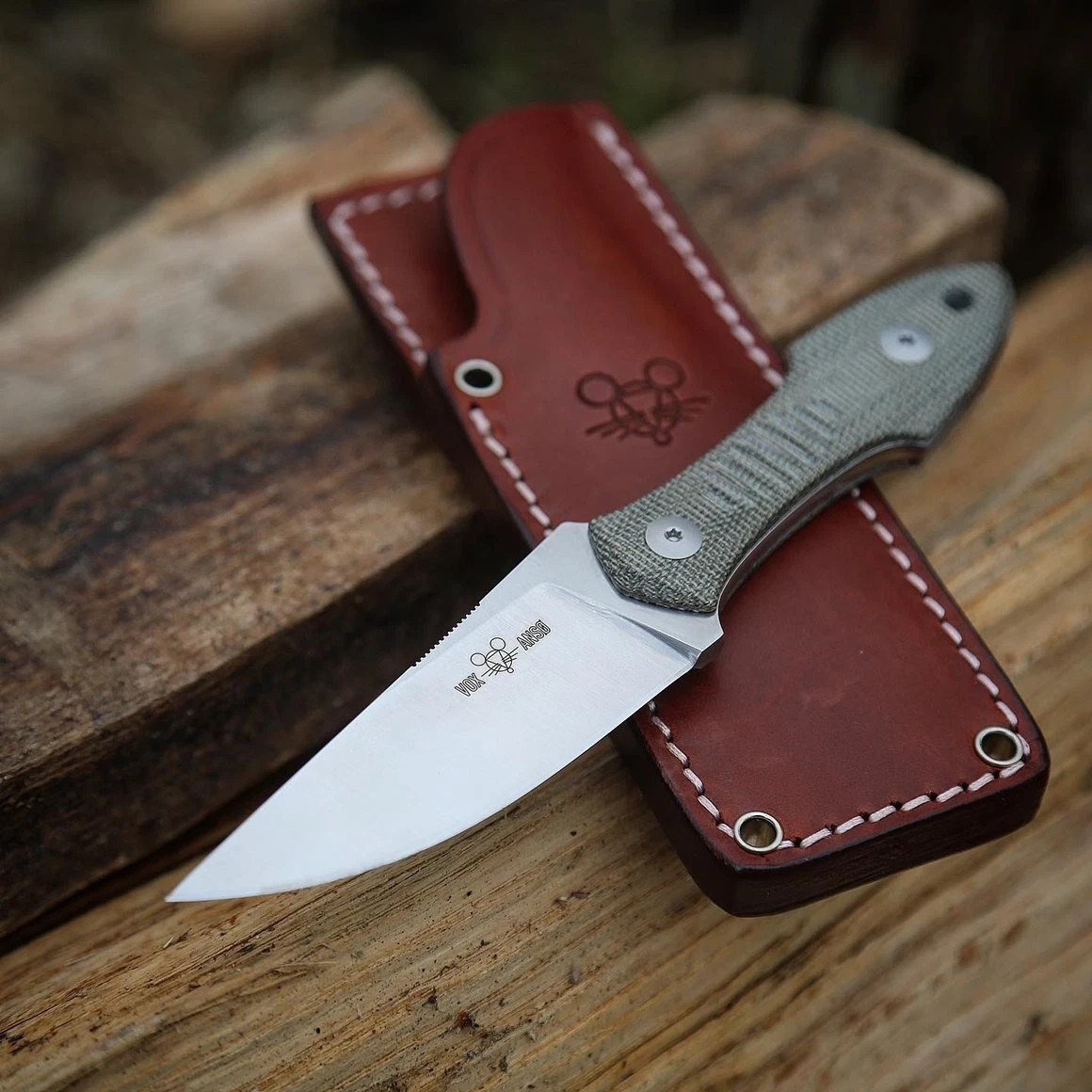 GiantMouse GMF3 Fixed Blade Knife Satin Drop Point Blade with Leather